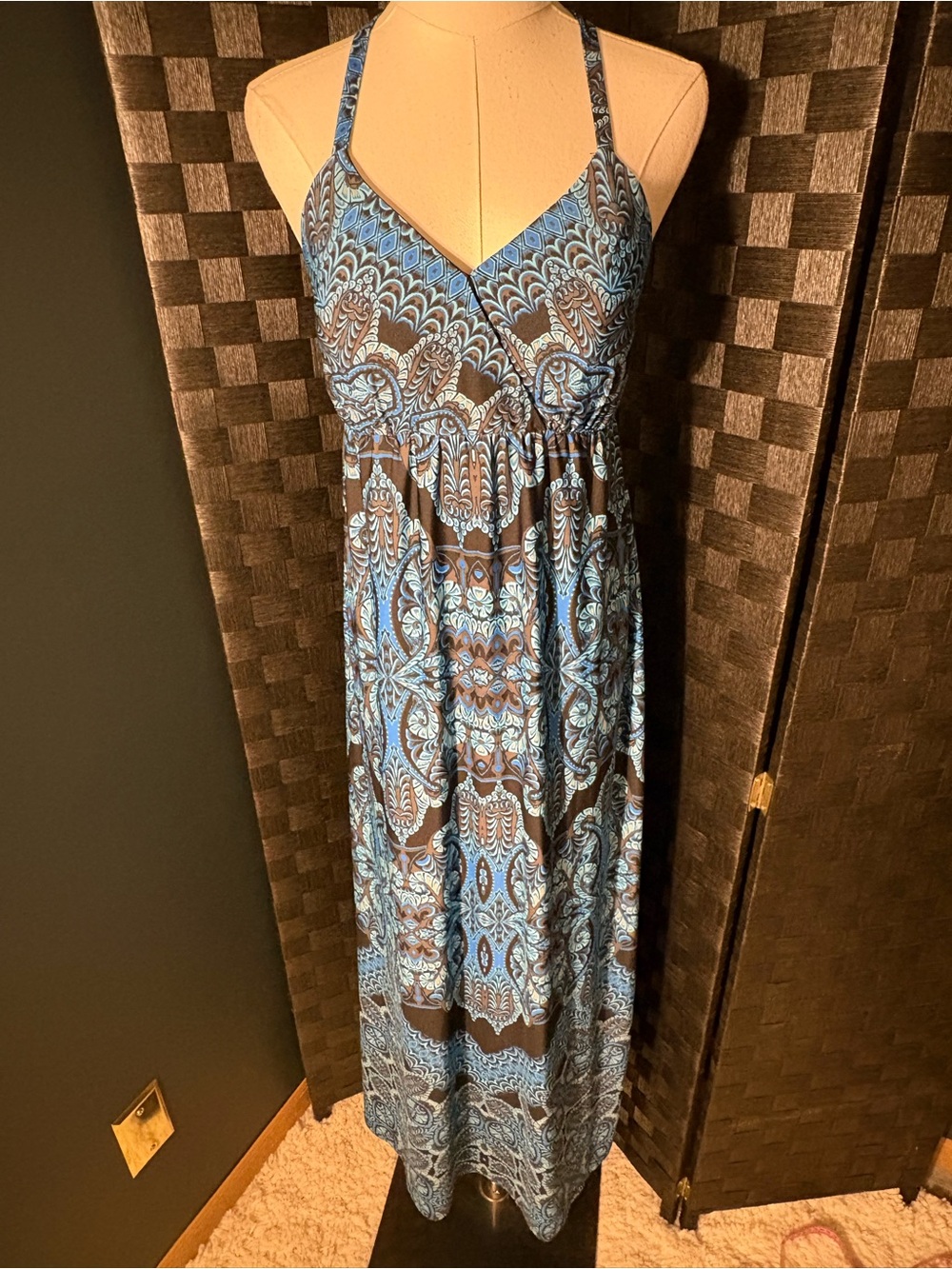 INC Paisley Cutout Maxi Dress Blue Brown Turquoise Boho Empire Waist Padded Bust
